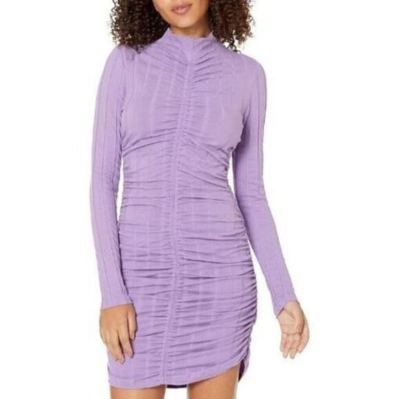 Monrow Women's Sz Small Purple Flat Rib Mock Neck L/S Shirred Mini Dress - Picture 1 of 10